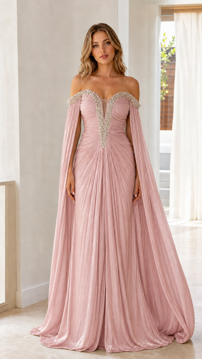Front view of model wearing blush pink off-the-shoulder cape sleeve pleated evening gown