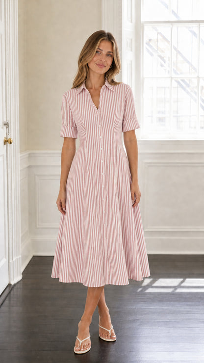 Model wearing pink striped midi shirt dress