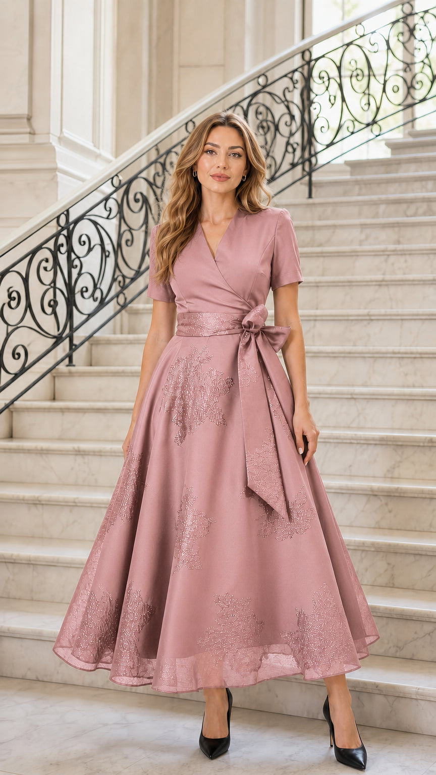 Front view of pink midi dress variant