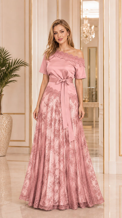 Dusty pink satin and floral lace formal gown with tie belt