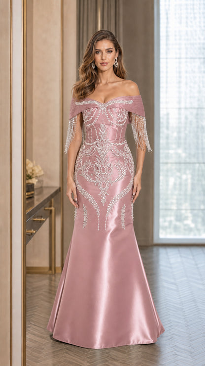 Dusty rose pink rhinestone off-shoulder satin gown
