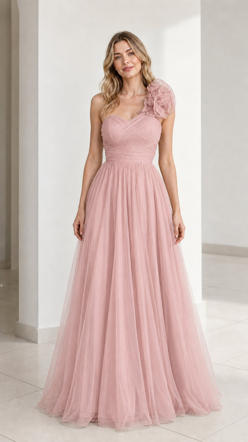 Front view of pink one-shoulder tulle evening gown