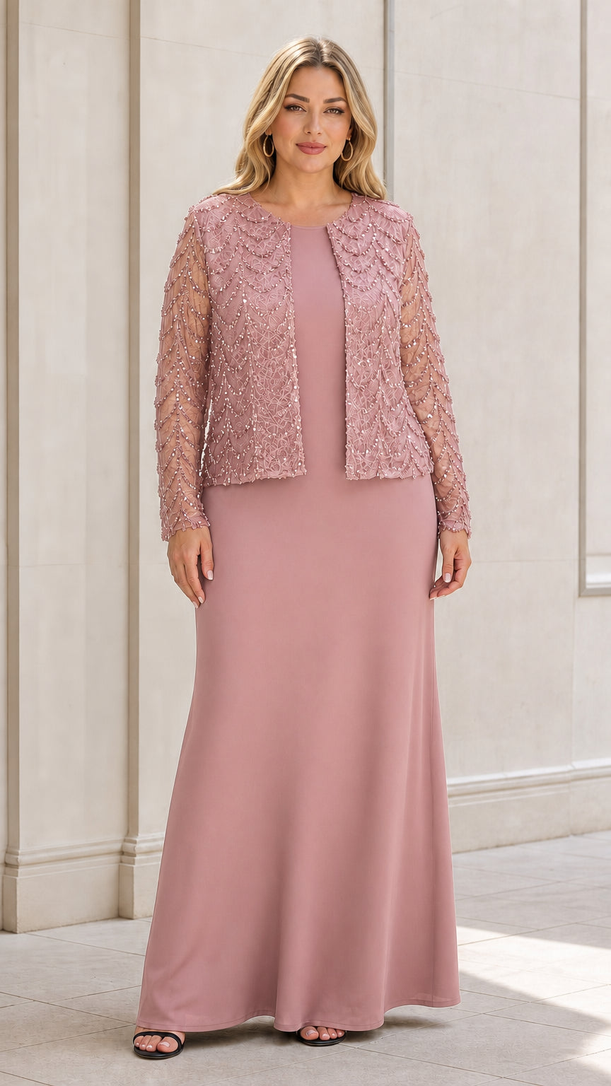 Dusty rose pink two-piece mother of the bride maxi dress with sequin jacket