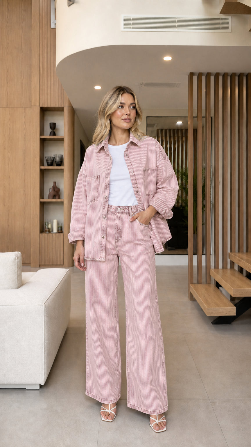 Model wearing Dusty Pink striped denim shacket and wide-leg pants two-piece set