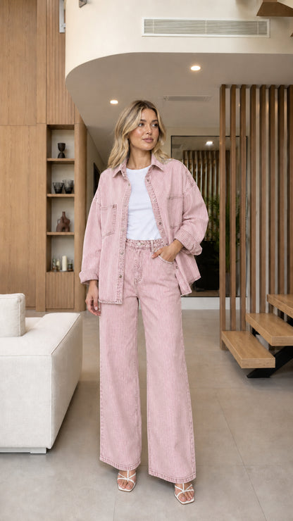 Model wearing Dusty Pink striped denim shacket and wide-leg pants two-piece set