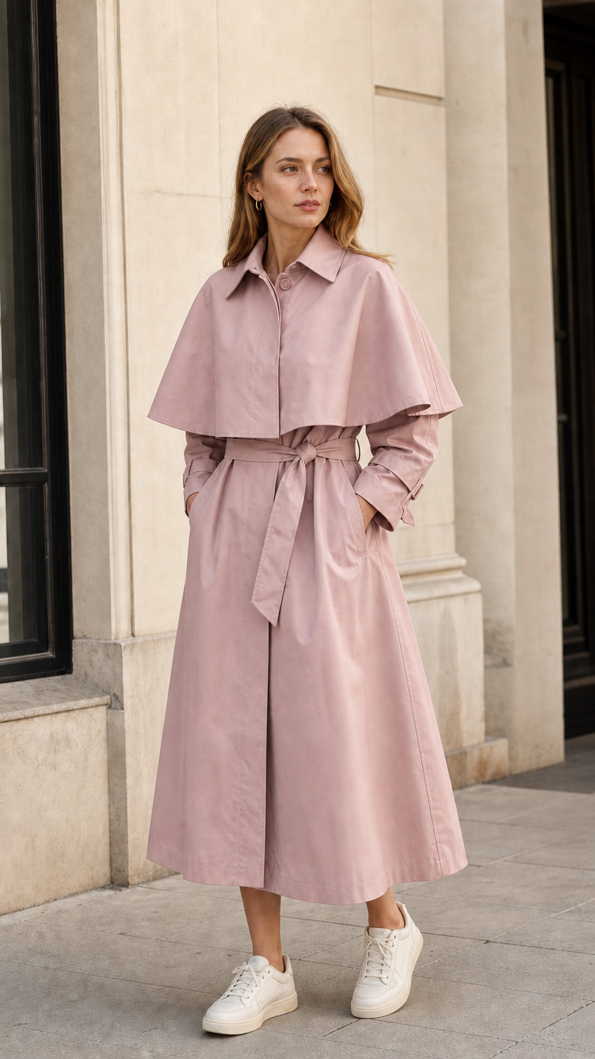 Front view of model wearing dusty pink capelet belted midi trench coat