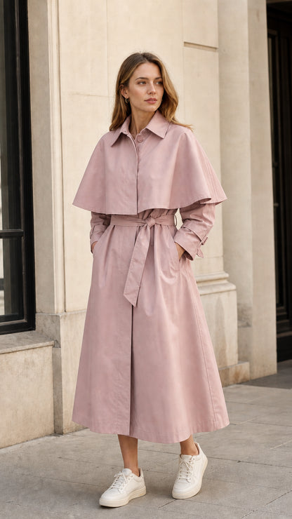 Front view of model wearing dusty pink capelet belted midi trench coat