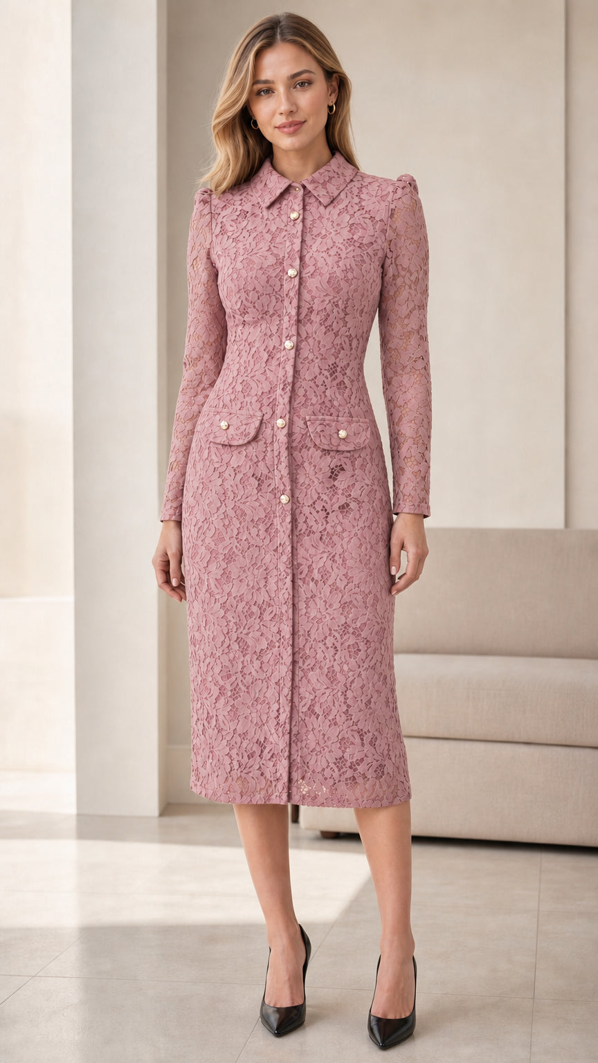 Full front view of pink lace midi dress