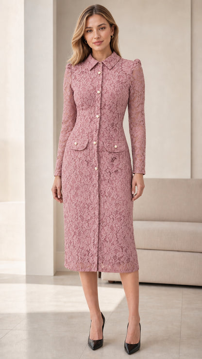 Full front view of pink lace midi dress