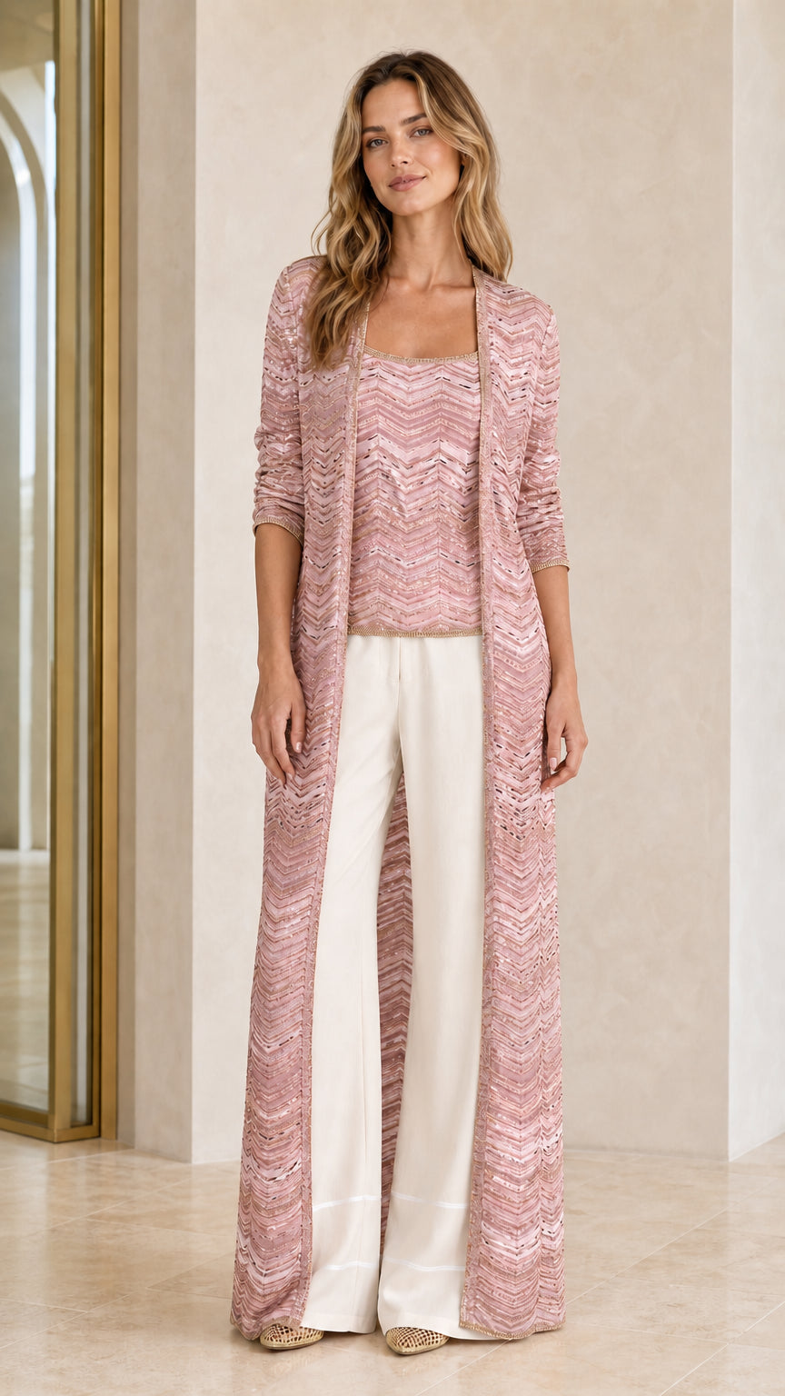 Metallic chevron knit long duster cardigan and tank set in pink