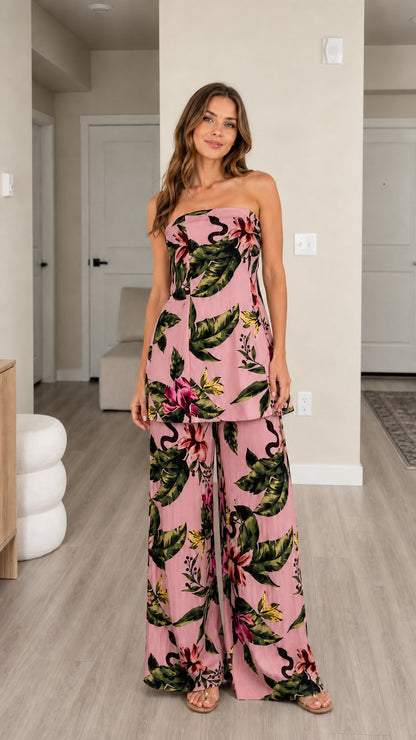 Front view of pink tropical floral matching set