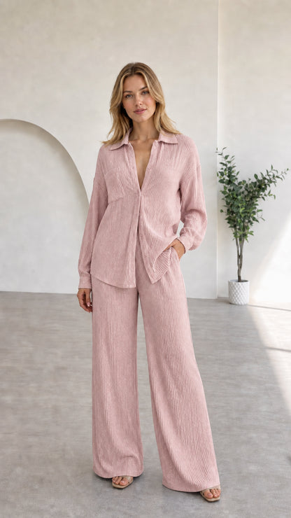 Full view of model in dusty pink textured two-piece lounge set