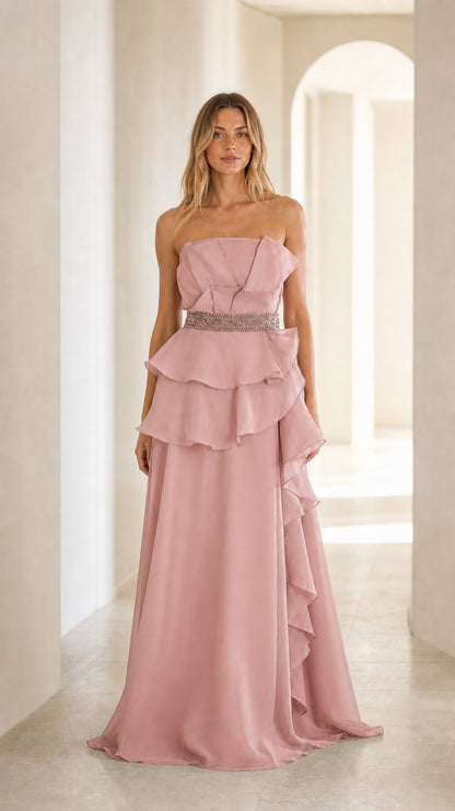 Front view of pink evening gown