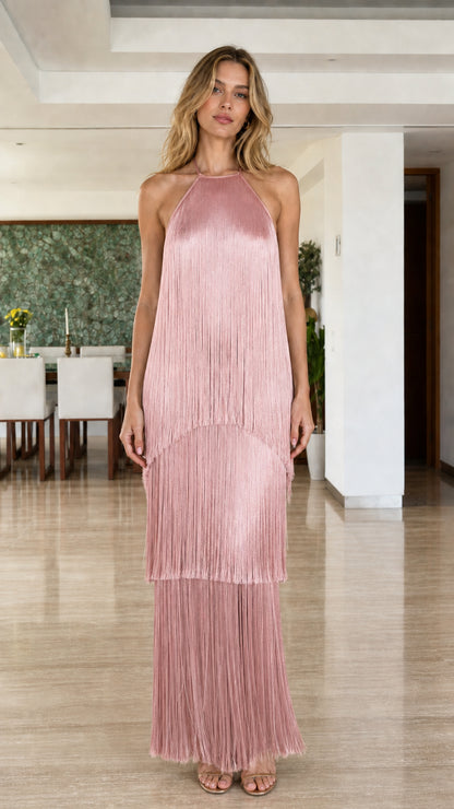 Model wearing Pink Tiered Fringe Halter Maxi Dress