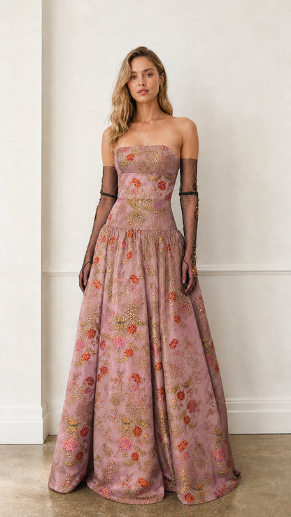 Front view of pink floral strapless evening gown