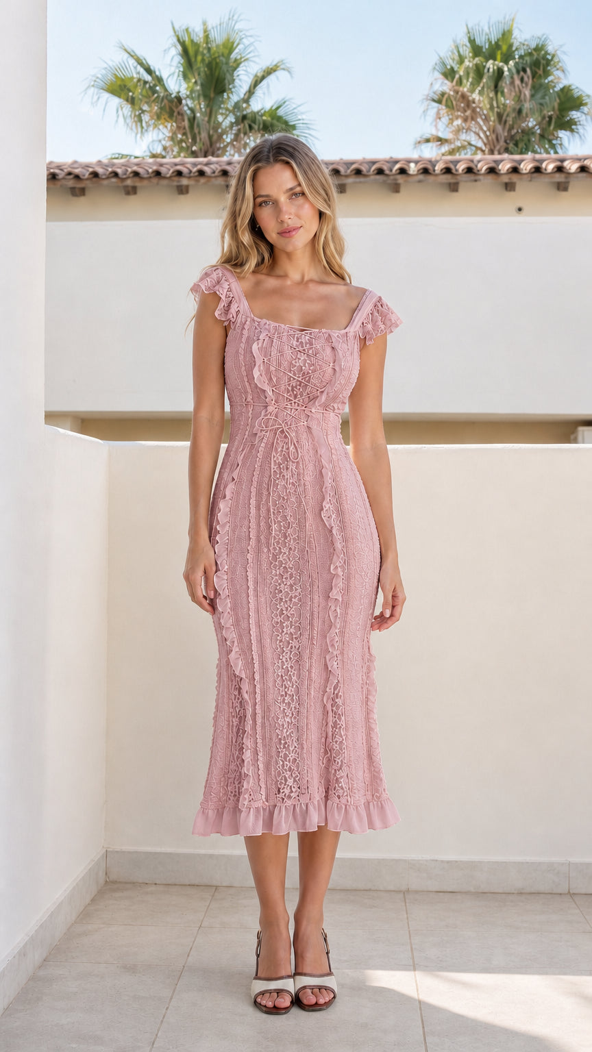 Front view of pink color variant on model
