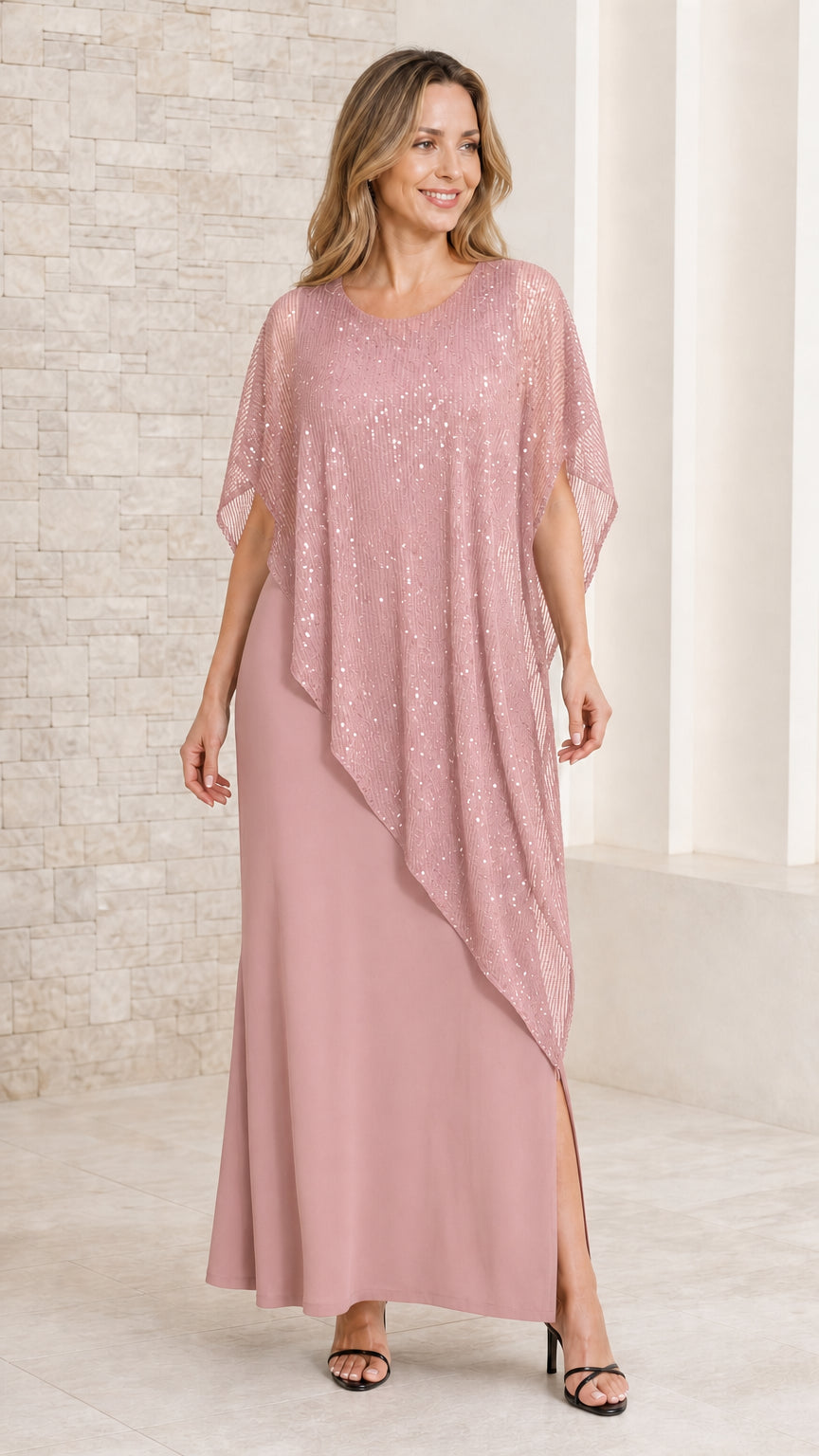 Front view of model in dusty pink maxi dress with matching sequined capelet overlay