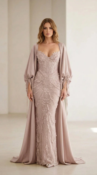 Front view of dusty pink color variant of the evening gown and cape