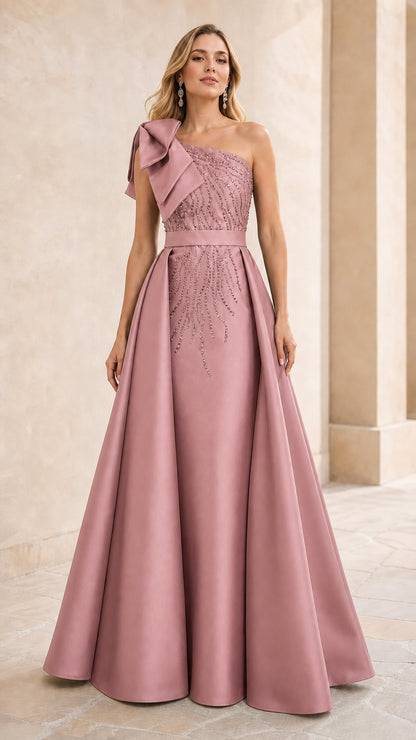 Pink One-Shoulder Bow Embellished Beaded Evening Gown