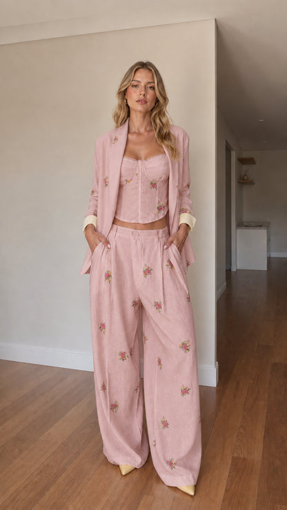 Blush pink floral embroidered 3-piece suit set with corset top and tailored blazer