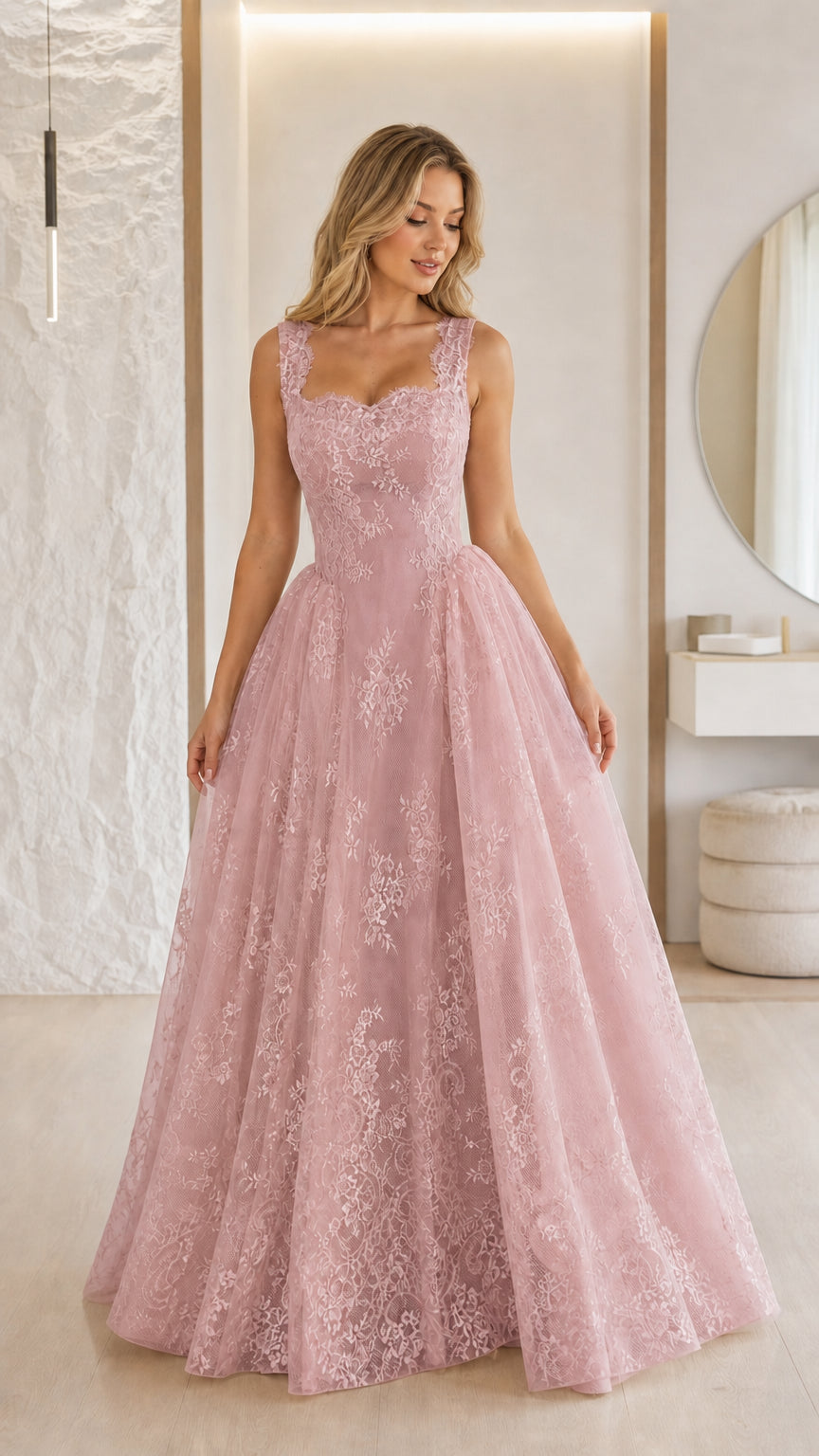 Front view of pink lace ball gown evening dress