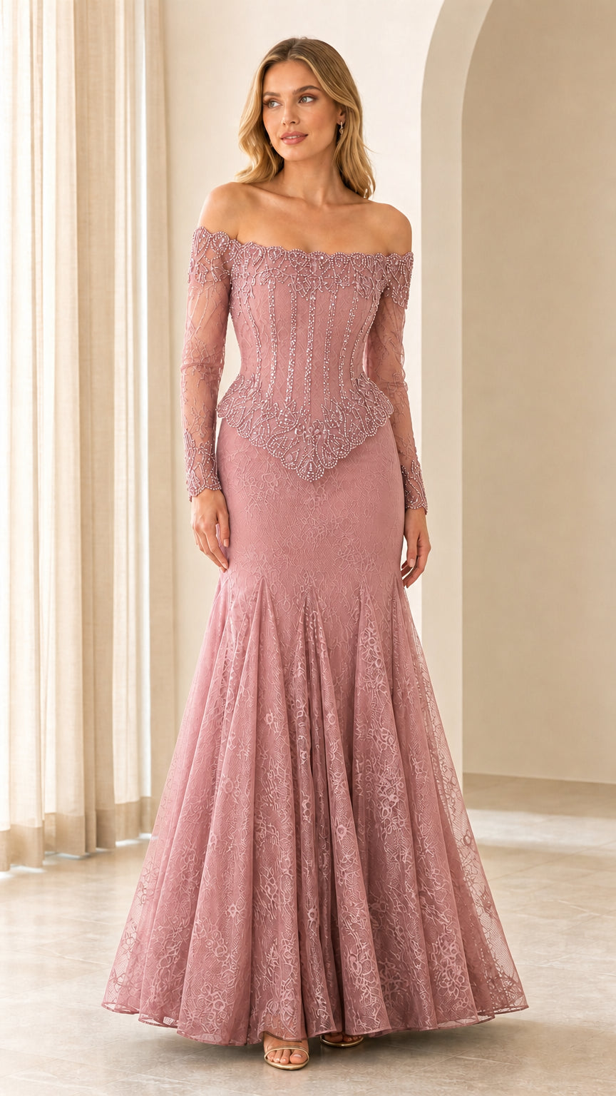Front view of pink evening gown