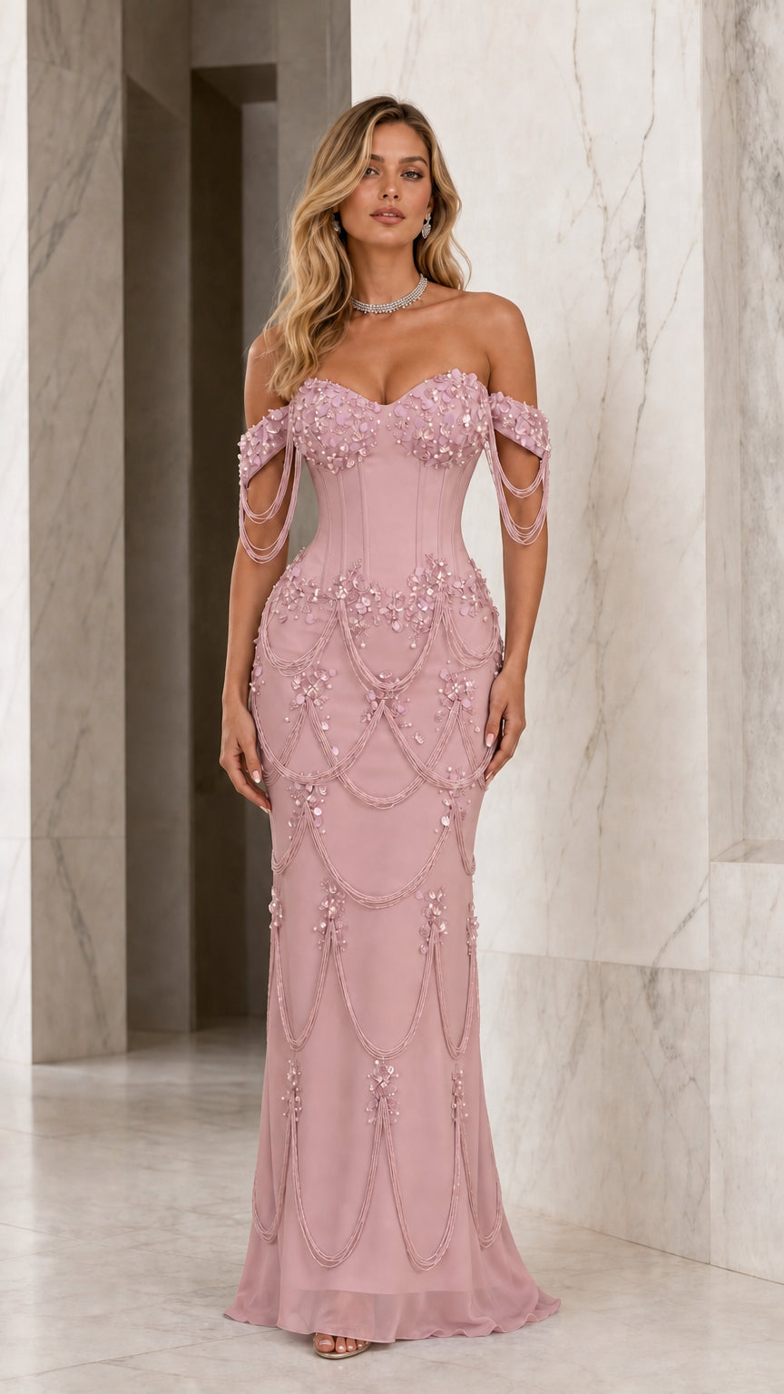 Front view of pink beaded corset mermaid evening dress
