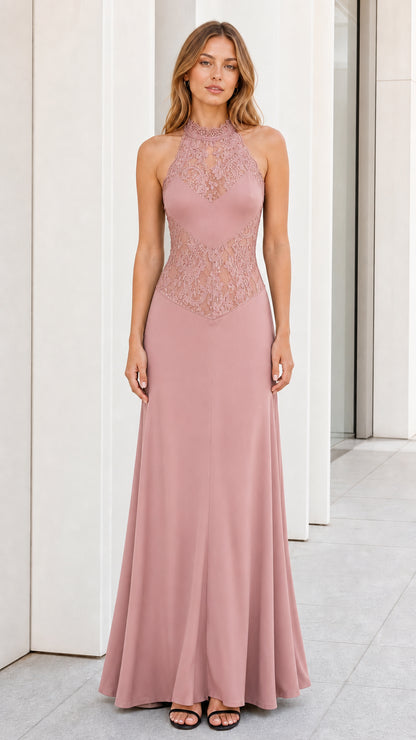 Dusty pink color variant of the halter lace maxi dress