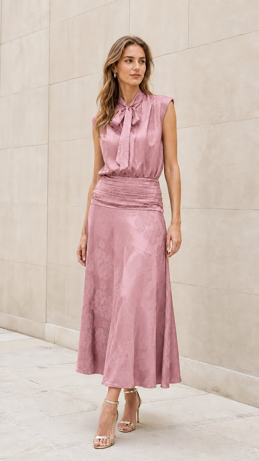 Front view of model wearing pink tie-neck midi dress