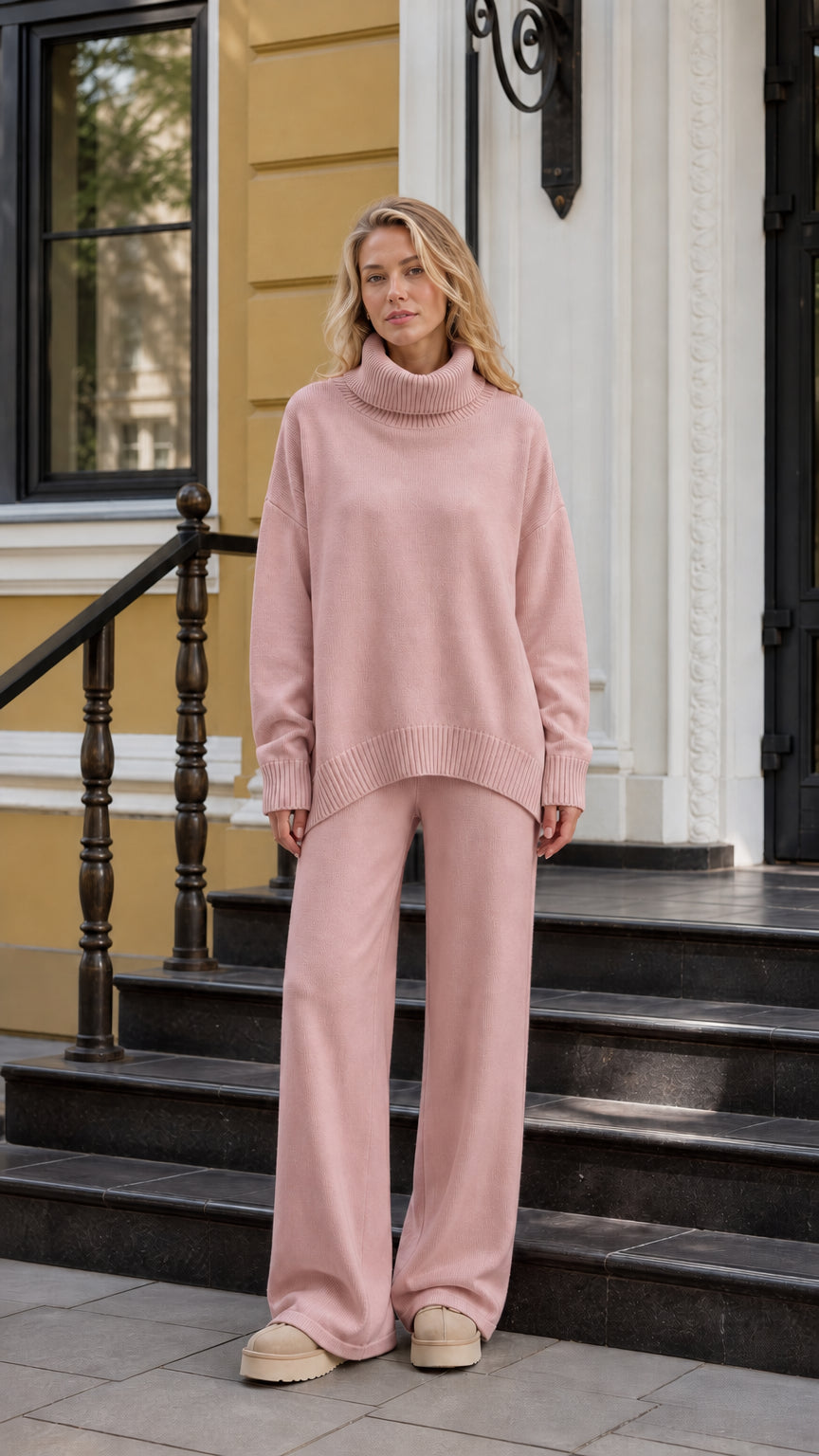 Model wearing pink oversized turtleneck sweater and matching lounge pants