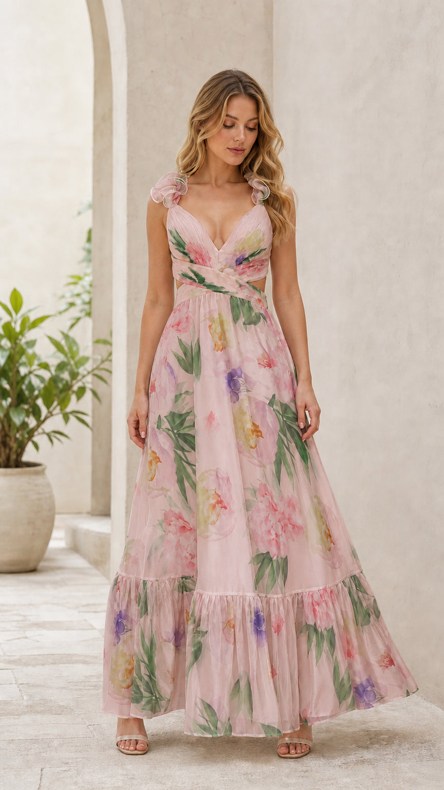 Pink floral print maxi dress