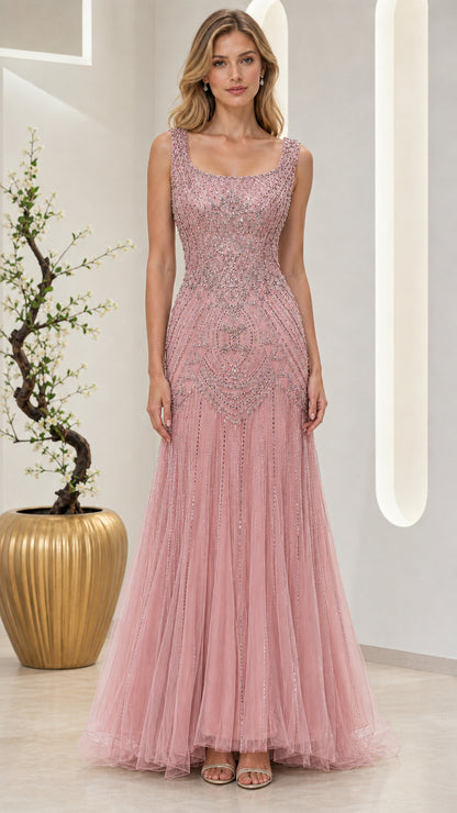 Full-length front view of dusty pink beaded scoop neck tulle gown