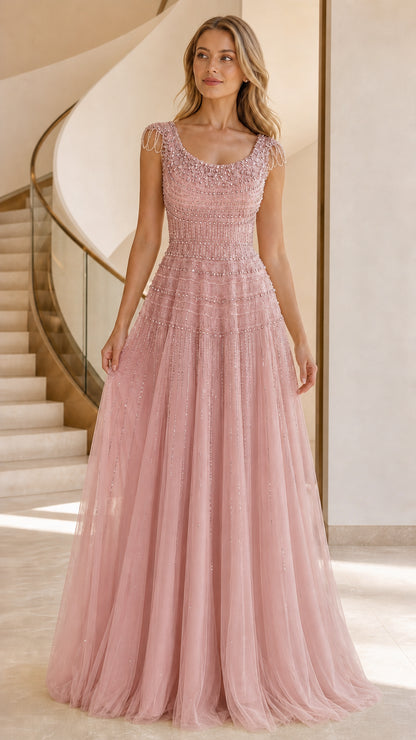 Pink beaded tulle evening gown