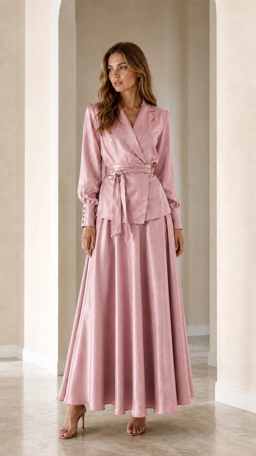 Front full view of woman wearing Dusty Pink satin wrap blazer and maxi skirt two-piece set