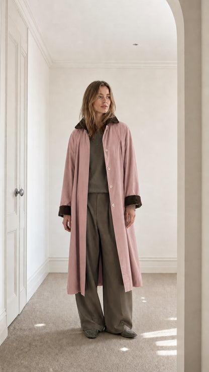Full front view of model wearing Dusty Pink long duster coat with contrast collar