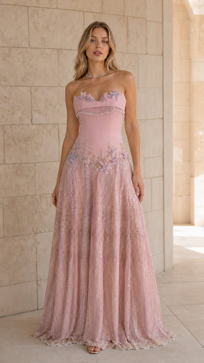 Front view of pink color variant evening dress