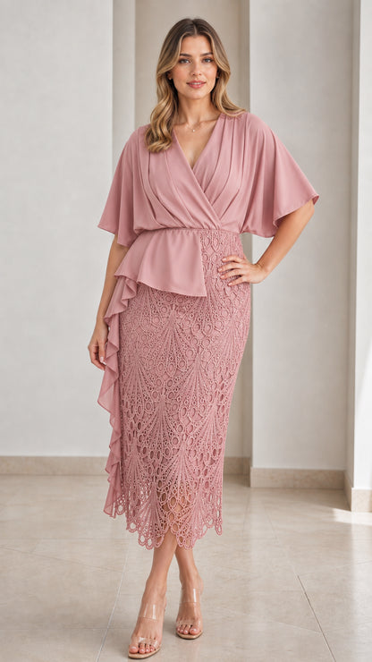 Dusty pink capelet wrap v-neck midi dress with intricate lace skirt