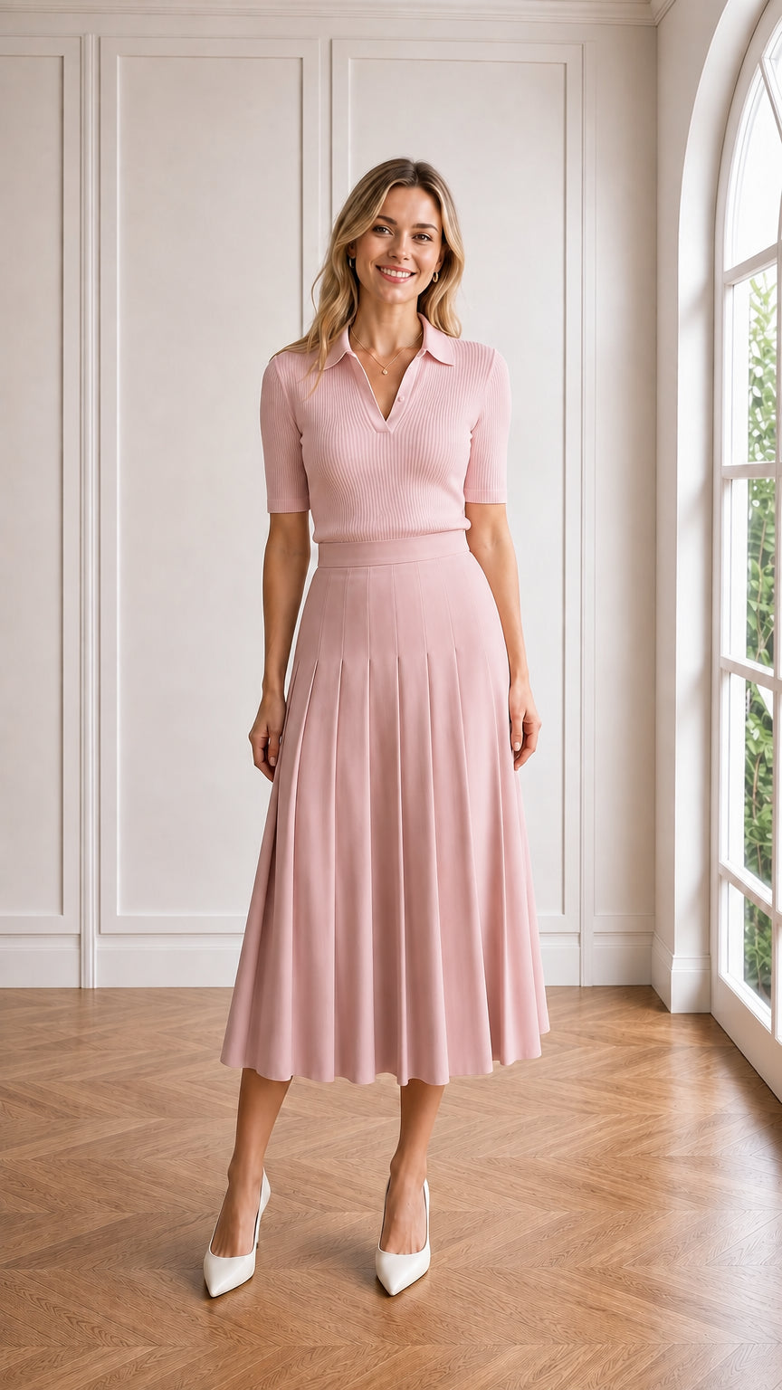 Model wearing blush pink pleated midi skirt and matching knit top