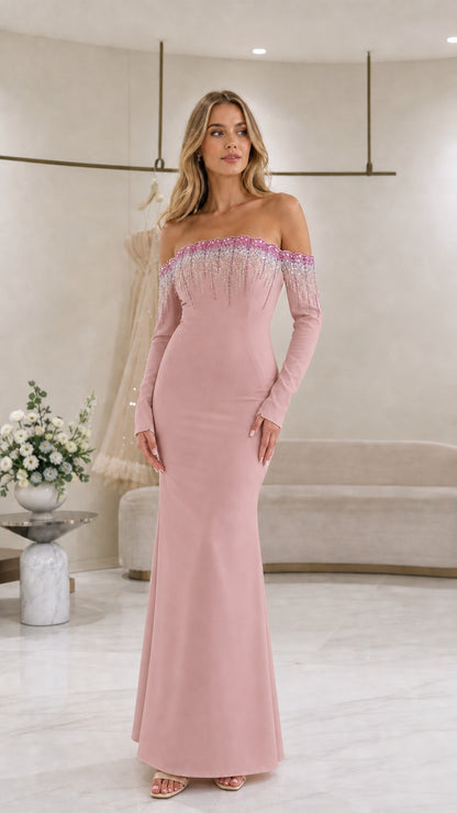Dusty Pink off-the-shoulder long sleeve evening gown with embellished neckline