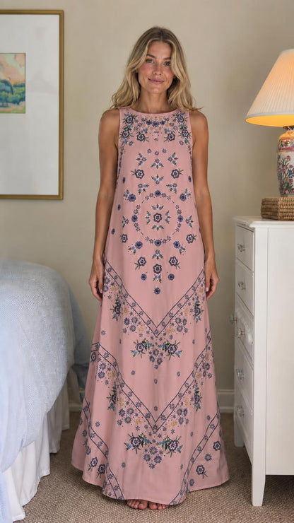 Front view of pink floral embroidered maxi dress