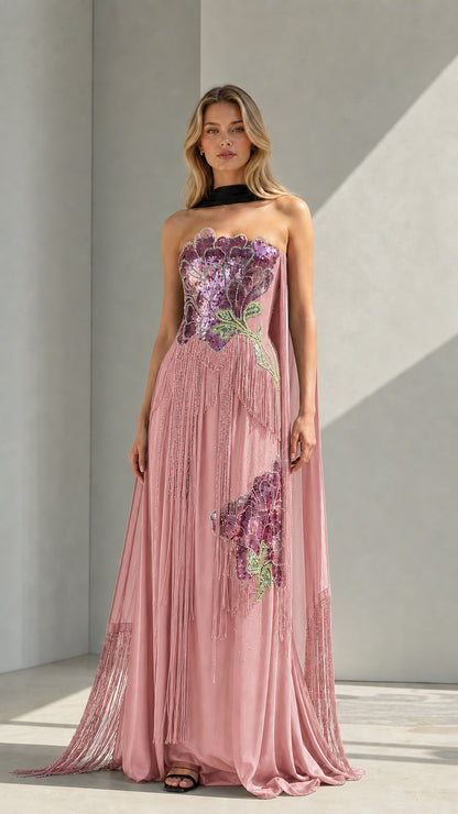 Front view of pink evening gown