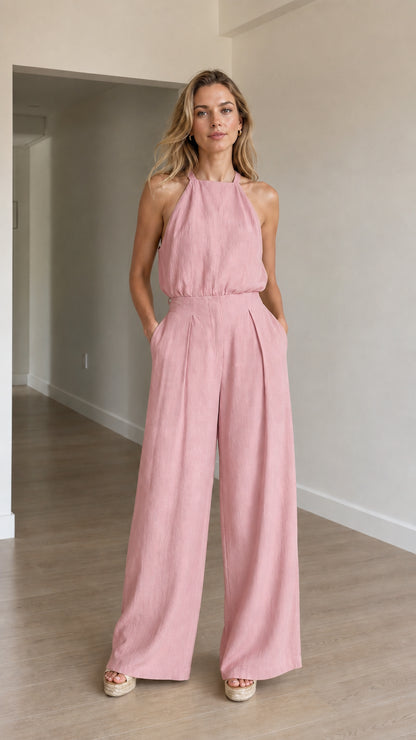 Model wearing pink halter neck jumpsuit