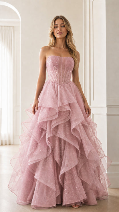 Dusty pink strapless tiered ruffle evening gown with corset bodice