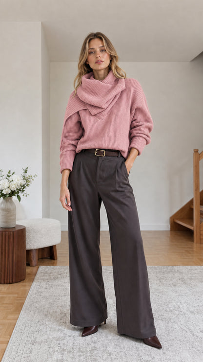 Woman wearing dusty pink asymmetric drape neck ribbed knit sweater
