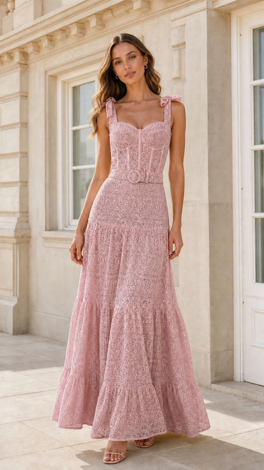 Front view of pink lace tiered maxi dress