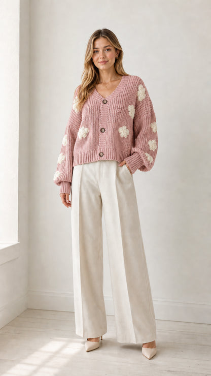 Model wearing dusty pink chunky knit V-neck cardigan with white floral appliqués