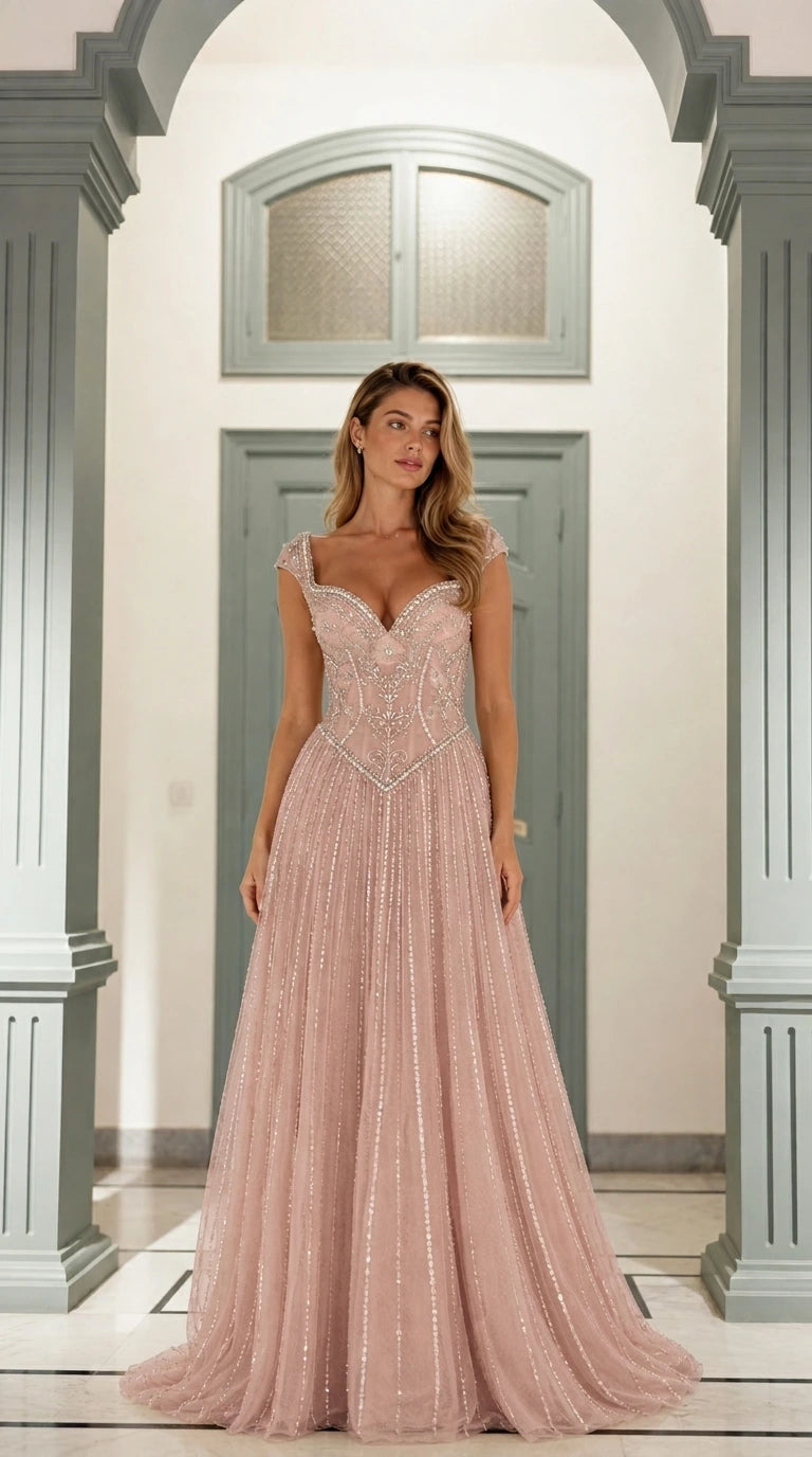 Front view of blush pink beaded formal gown