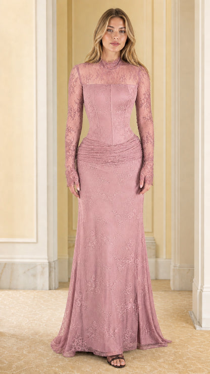 Model wearing Dusty Rose long-sleeve lace corset maxi dress