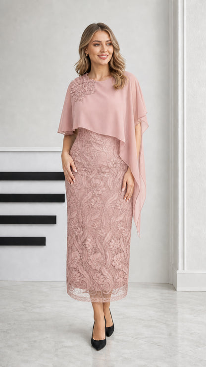 Dusty rose pink embroidered lace midi dress with sheer chiffon capelet