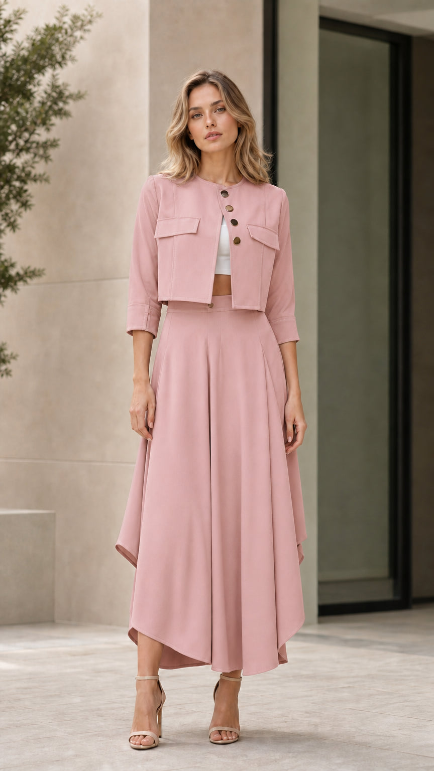 Model wearing dusty pink cropped jacket and asymmetrical maxi skirt set